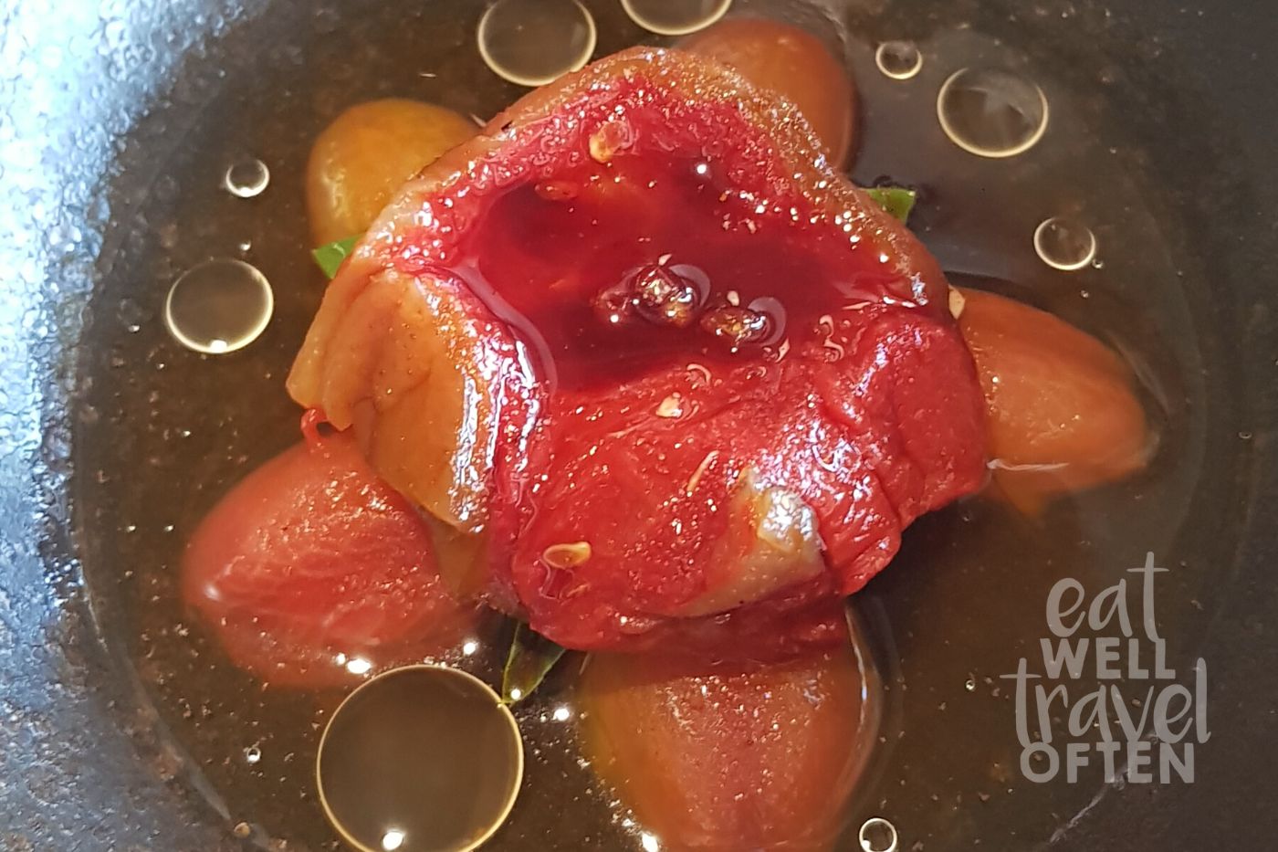 Watermelon that looks like a juicy bbq steak served in a bowl of broth