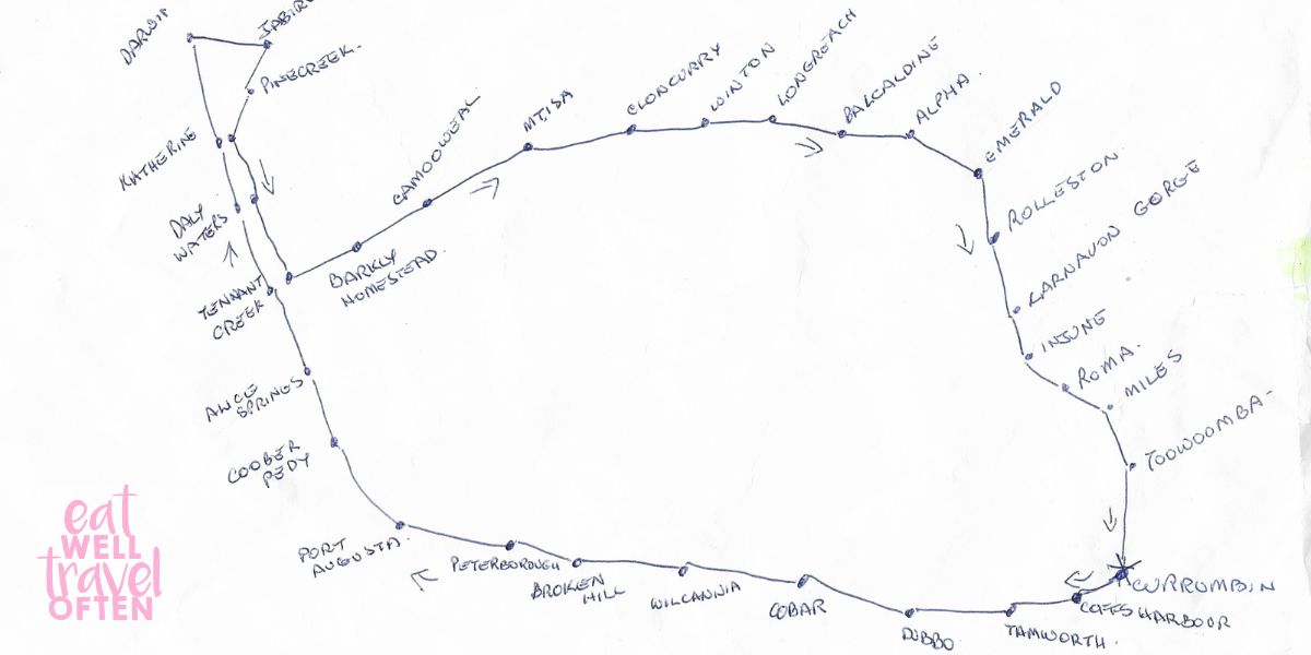 Karen's hand drawn map showing the palces she visited