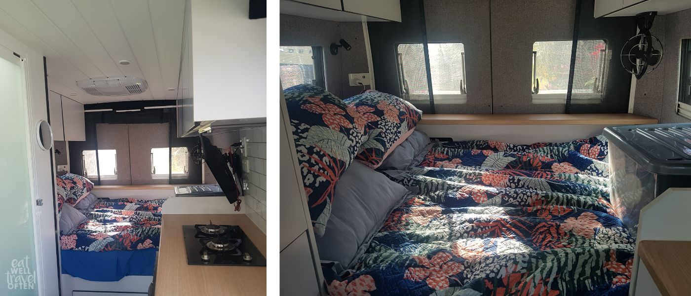 Comfy, cosy bed inside the van
